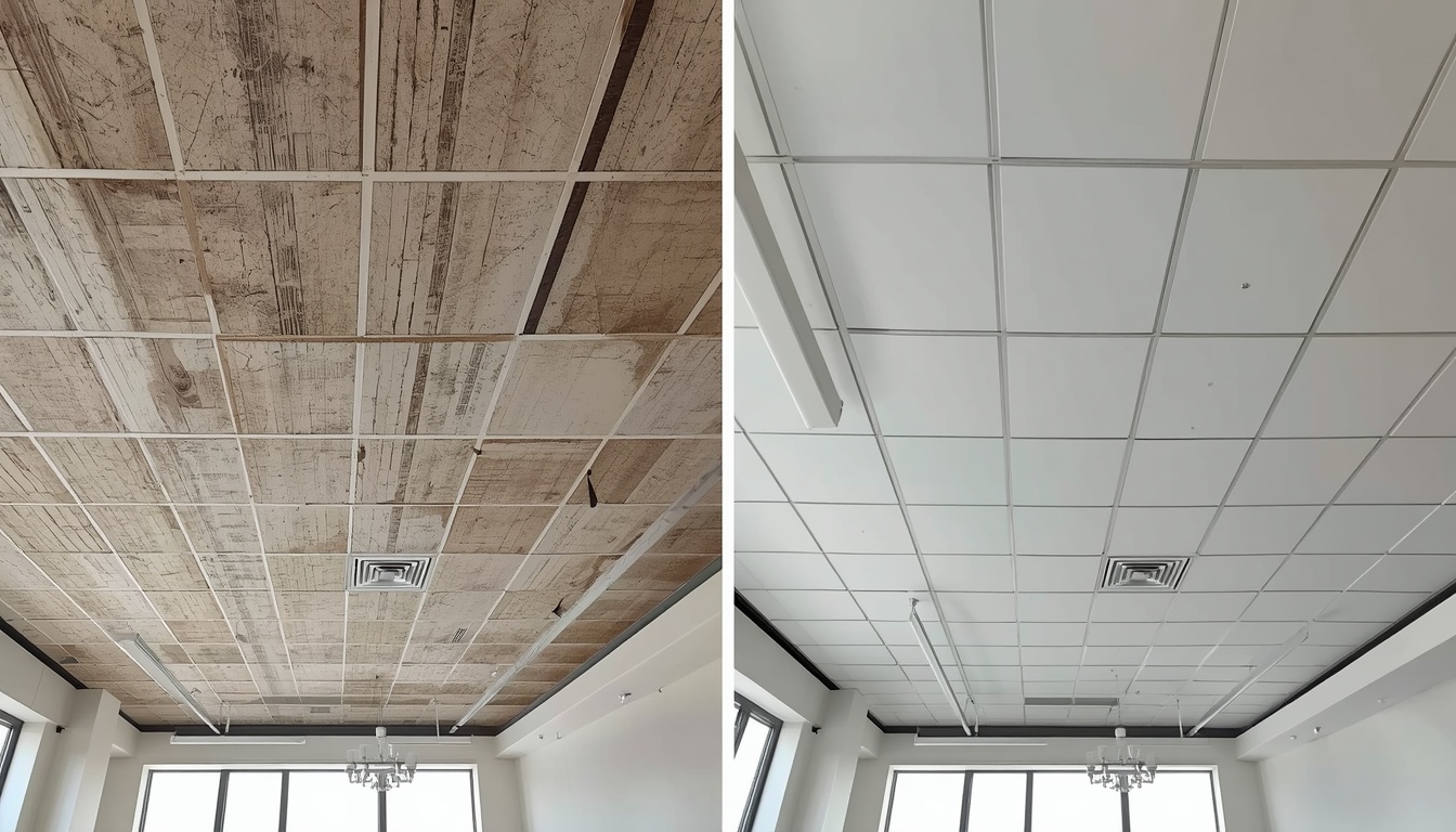Before and after of a commercial building exposed ceiling upgrade in Birkenhead
