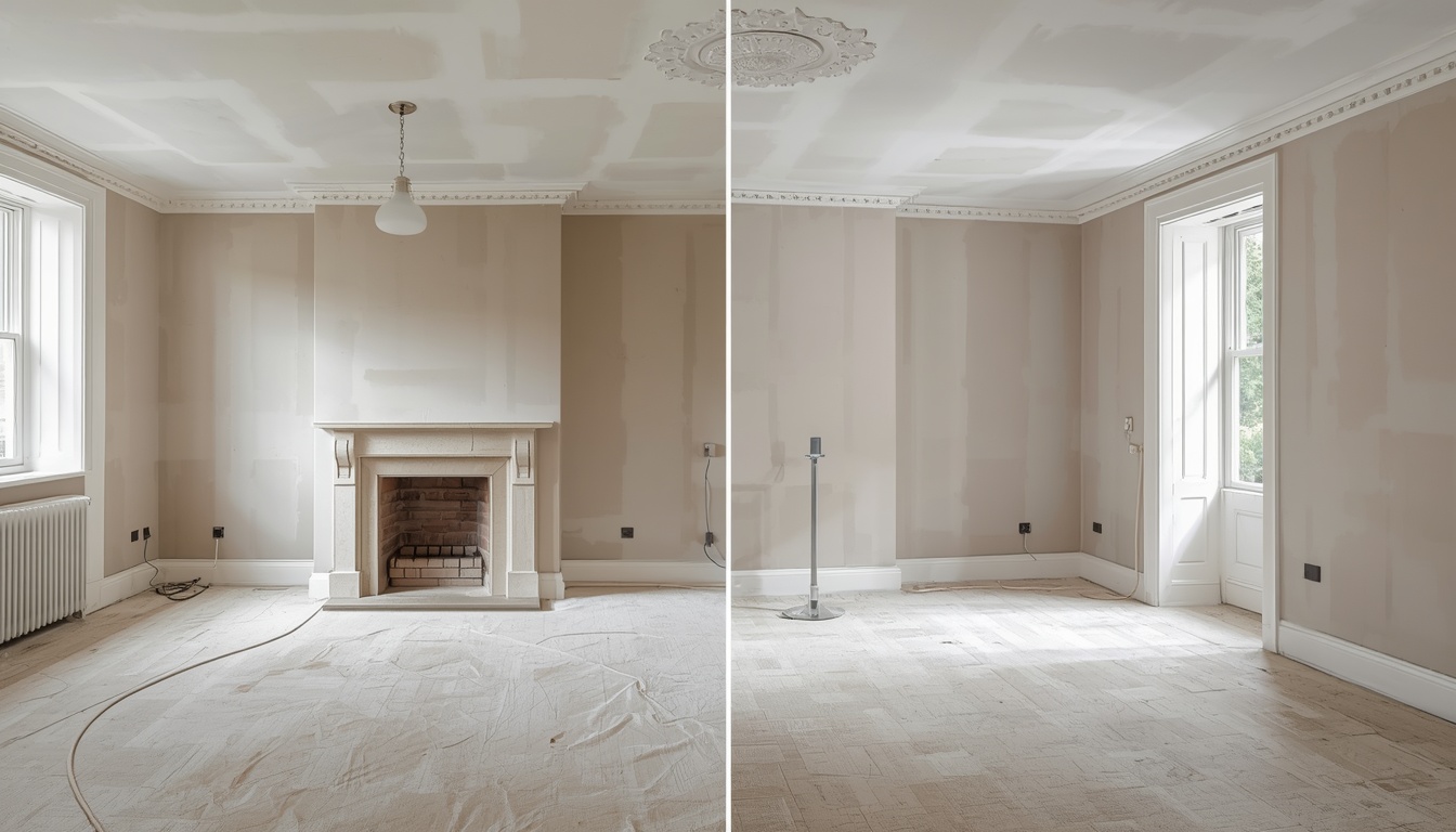 Before and after of an Edwardian house living room drylining in Claughton Birkenhead