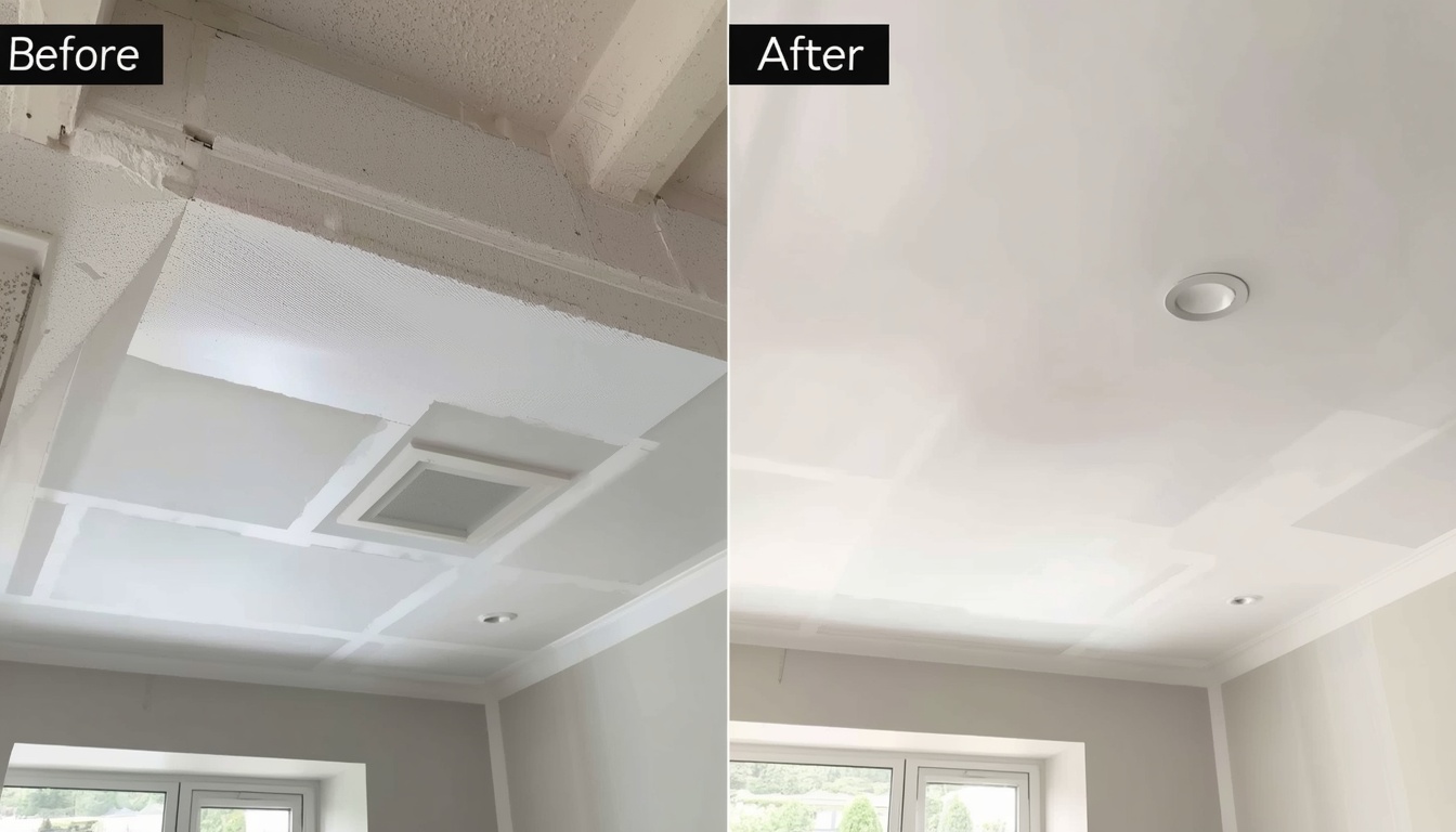Before and after of a new-build suspended ceiling installation in Noctorum Birkenhead