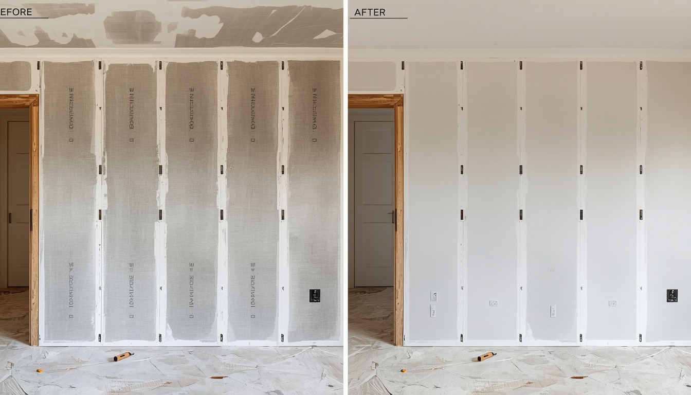 Before and after of a new-build partition wall in Birkenhead — metal stud framing to skim-finished plasterboard