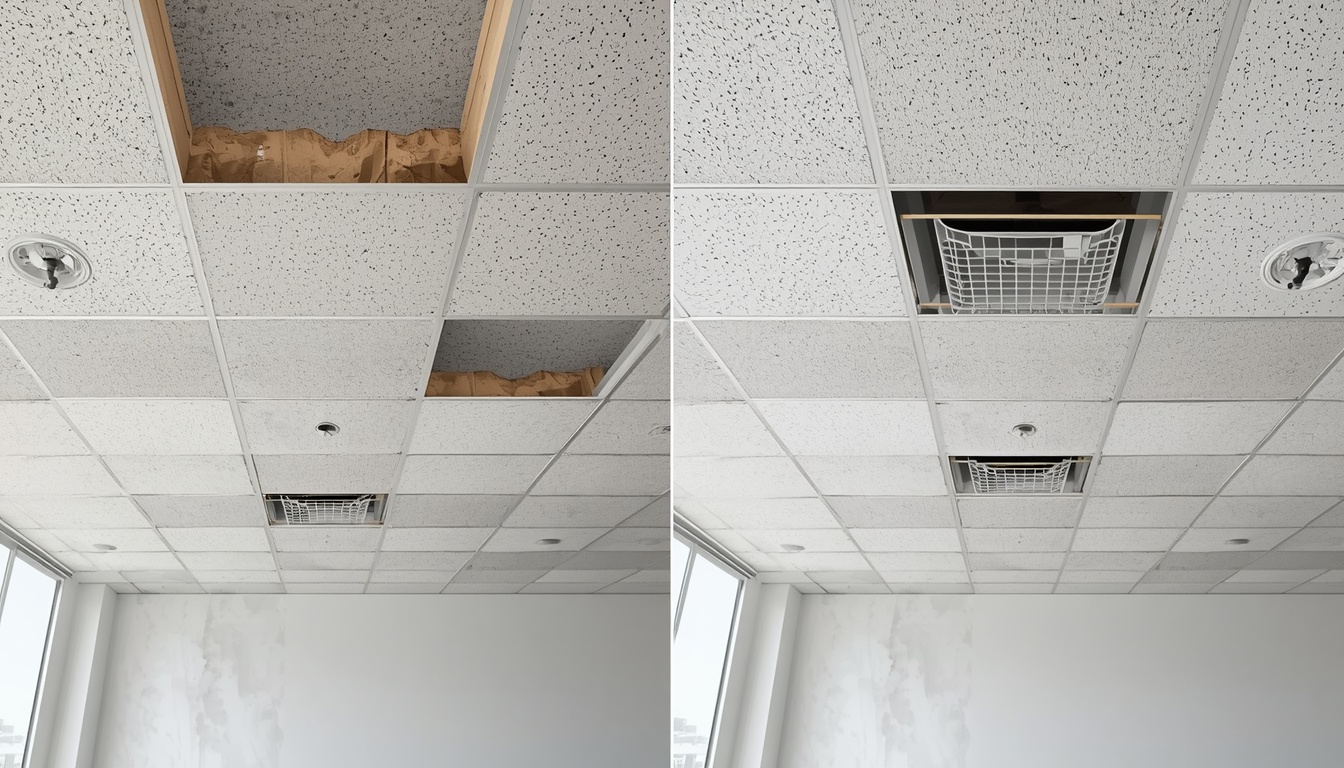 Before and after of an office suspended ceiling installation in Hamilton Square Birkenhead