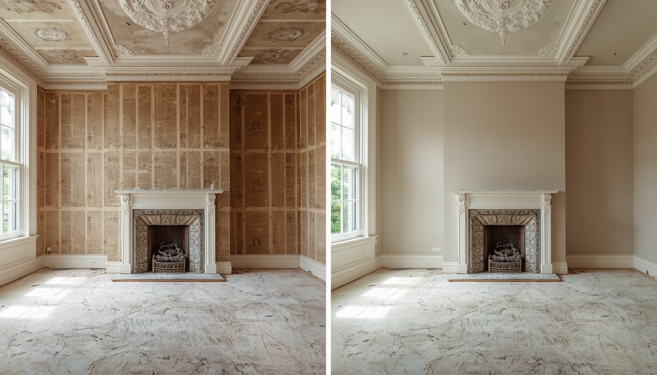 Before and after of a Victorian living room re-plaster in Oxton Birkenhead