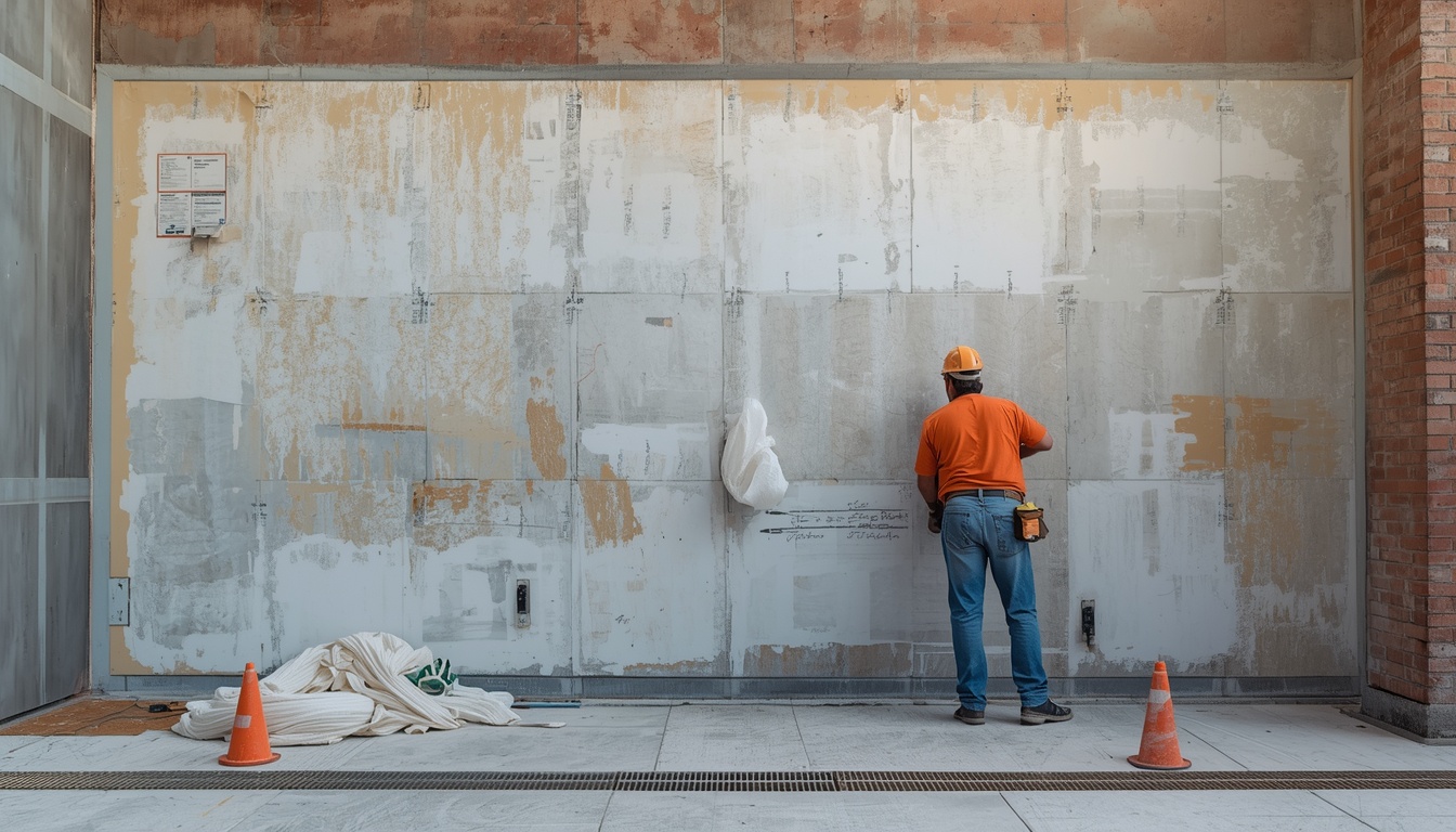 Drylining contractor in hi-vis working on a commercial wall in Birkenhead