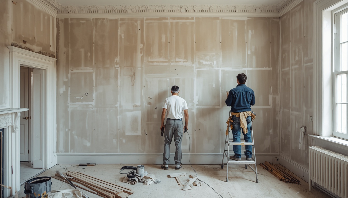 Drylining contractors installing a partition wall in a Victorian house in Birkenhead